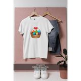 Oversize Paskalya Sepeti ve Yumurtalar Tasarımlı Unisex T-Shirt - Beyaz