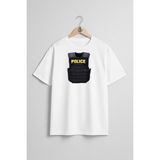 Oversize Polis Çelik Yelek Göğüs Tasarımlı Unisex T-Shirt - Beyaz