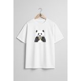 Oversize Sarı Papyon Ile Panda Göğüs Tasarımlı Unisex T-Shirt - Beyaz