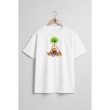 Oversize Şeker Kamışı Göğüs Tasarımlı Unisex T-Shirt - Beyaz