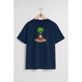 Oversize Şeker Kamışı Göğüs Tasarımlı Unisex T-Shirt - Lacivert