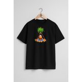 Oversize Şeker Kamışı Göğüs Tasarımlı Unisex T-Shirt - Siyah