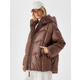 Oversize Şişme Mont Su İtici Kapüşonlu Cepli Fermuarlı