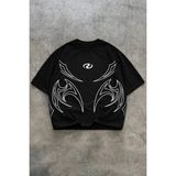 Oversize Siyah Beyaz Erkek Tişört Beyaz Tribal Baskılı %100 Pamuk Modern Streetwear - XL