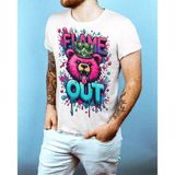 Oversize Siyah Beyaz Tişört Neon Ayı Baskılı, Flame Out Yazılı, Street Style Tasarım
