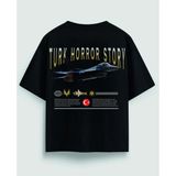 Oversize Siyah Tişört Sırt Baskılı F-16 Jet Tasarım %100 Pamuk Unisex Streetwear - 2XL