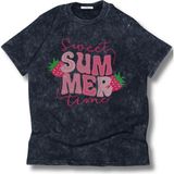Oversize Sweet Summer Time Baskılı Yıkamalı T-Shirt, Unisex Çilek Meyve Temalı Retro Tişört - Siyah - 2XL