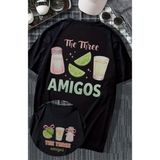 Oversize The Three Amigos Sırt Baskılı Tişört, Unisex Tekila Temalı Bisiklet Yaka T-Shirt - Siyah - 2XL
