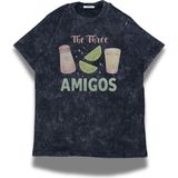 Oversize The Three Amigos Yazılı Yıkamalı T-Shirt, Unisex Tekila Limon Tuz Baskılı Retro Tişört - Siyah - 4XL