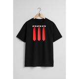 Oversize Üç Kırmızı-Beyaz Kravat Göğüs Tasarımlı Unisex T-Shirt - Siyah