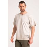 Oversize Yağ Yıkama (Dirty Oil) Sand Erkek Tişört, %100 Pamuk Kumaş Tshirt Etekte Kurukafa - Bej