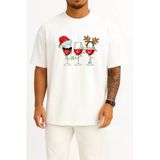 Oversize Yılbaşı Wine Ve Şapka Göğüs Tasarımlı Unisex T-Shirt