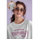 Oversize Yummy Yazılı Tişört, Unisex Justin Bieber Temalı Bisiklet Yaka T-Shirt - Beyaz - XS