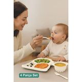 Ovio Ev Yaşam Dino Mama Seti - Tabak Çerezlik ve Çatal Kaşık - Bebek Yemek Kabı - Dinozor Çocuk Tabak Seti - Bej