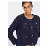 OWERALL Kadın Gümüş Düğmeli Crop Kesim Tekstürlü "Lady" Stil Sim Detaylı Selanik Örgü Ceket Hırka Lacivert M