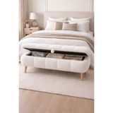 Own Home Sara Sandıklı Puf Bench, Teddy Kumaş Kaplamalı Ahşap Ayaklı Modern Bench Puf - Beyaz