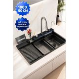 Oxy Aqua Vega 100X50 cm Sağ ve Sol Damlalıklı Akıllı Teknolojik Eviye Seti Paslanmaz Bal Peteği Taban Akıllı Evye