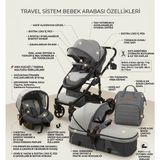 Öykü Bebek Diyarı Çanta ve Yağmurluk Hediyeli Ultra Hafif Premium Bebek Arabası Seti Doğumdan Itibaren Kullanabilme - Gri