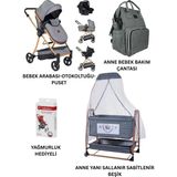 Öykü Bebek Diyarı Öykü Bebek Dunyası Yeni Doğan Bebek Çeyiz Seti (Bebek Arabası+Puset+Beşik+Anne Bebek Çantası+Yağmurluk+Yatak) - Gri