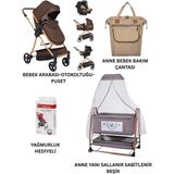 Öykü Bebek Diyarı Öykü Bebek Dunyası Yeni Doğan Bebek Çeyiz Seti (Bebek Arabası+Puset+Beşik+Anne Bebek Çantası+Yağmurluk+Yatak) - Kahverengi