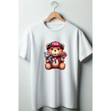 Oyuncak Ayıcık Baskılı Beyaz Oversize Bisiklet Yaka Tshirt - XL
