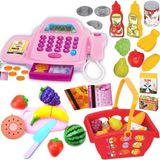 Oyuncak Pembe Yazar Kasa Pilli Sesli Barkod Okuyuculu + Market Sepeti + Kesilebilen Meyve Sebze Set
