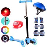 Oyuncakzade 3 Tekerlekli Frenli LED Işıklı Boy Ayarlı Mavi Scooter Kask Dizlik Set Çakar Işık LED