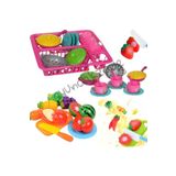 OyuncakZade Pembe Oyuncak Bulaşıklık Tabak Tencere Set + 24 Parça Kesilebilen Oyuncak Meyve Sebze Set Depomiks