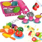Oyuncakzade Pembe Oyuncak Bulaşıklık Tabak Tencere Set + 36 Parça Kesilebilen Oyuncak Meyve Sebze Set Depomiks