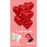 Öz-bal Kırmızı Kalp Folyo 5 Adet + 25 Metre Rafya + 100 Adet Balon Bandı - Romantik Parti ve Süsleme Seti