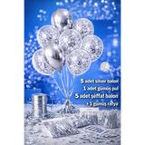 Öz-bal Lüks Gümüş Balon Seti – Krom Silver & Konfeti Şeffaf (10’lu + Rafya + Pul)
