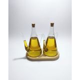 Öz-Home Bambu Stantlı 2'li Borosilikat Cam Yağdanlık / Sosluk / Sirkelik Mantar Kapaklı 500 ml - Şeffaf