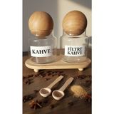 Öz Home Stantlı Ahşap Top Kapaklı 2'li Cam Kahve Kavanozu 635 ml - Şeffaf - Natürel - 2 Adet