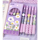 ÖZ OFİS Kawaii 5'li Moka Daisy Whisper Papatya Temalı Mor Jel Kalem Seti - 0.5 mm Ergonomik Tutuşlu Basmalı Kalem