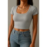 Öz Pamuk Fitilli Pamuklu Kumaş Örme Kare Yaka Crop T-Shirt Bluz - Gri
