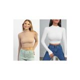 ÖZ PAMUK Kadın Crop Body, Balıkçı Yaka, Uzun Kollu