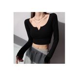 ÖZ PAMUK Kadın Kare Yaka Fitilli Kaşkorse Crop Uzun Kollu Bluz