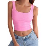Öz Pamuk Kaşkorse Crop Askılı Kare Yaka Bluz Atlet - Standart - Pembe
