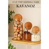 Özbience 3'lü Ahşap Top Cam Kavanoz Seti, Şekerlik, Çerezlik ve Baharatlık - Beyaz - 1 - 10 x 10 cm