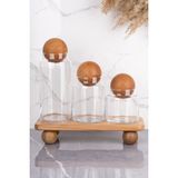 Özbience 3'lü Ahşap Top Kapaklı Cam Kavanoz Seti, Şekerlik ve Baharatlık - Beyaz - 1 - 10 x 10 cm