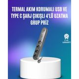 Özbience 4'lü Çoklu Priz, 2 USB Type-C, Akım Korumalı, Siyah, ZENVİA-4567 - Antrasit