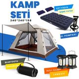 Özbience Açık Hava Kamp Seti 4-6 Kişi Taşınabilir Otomatik, Lamba, Yatak, Yastık, Pompa, Hoparlör - Ahşap - Bej