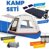 Özbience Açık Hava Kamp Seti 4-8 Kişi Otomatik Çadır, Lamba, Yatak, Yastık, Pompa, Hoparlör - Ahşap - Bej