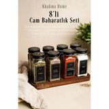 Özbience Ahşap Standlı 8'li Cam Baharatlık Seti, Siyah Kapak ve Etiketli, Minimal Tasarım - Seçenek 1