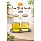 Özbience Bambu Kapaklı Cam Yağdanlık, Vakumlu Silikon Standlı, 900 Ml, Şık Set - Seçenek 1