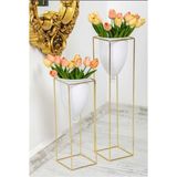 Özbience Beyaz Gold Metal Saksı Çiftli Set, Şık ve Modern Dekorasyon Için - Ahşap - Beyaz