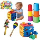 Özbience Eğitici Montessori Set, 14 Küp Bultak, 6 Bardak Kule, Ahşap Marakas ve El Zili - Seçenek 1