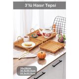 Özbience Kare 3'lü Dekoratif Hasır Sepet ve Tepsi Seti, Ev, Banyo, Mutfak Organizasyonu - Ahşap - Ceviz - Seçenek 1