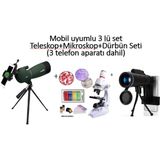 Özbience Mobil Uyumlu 3'lü Teleskop, Mikroskop ve Dürbün Seti (3 Telefon Aparatı) - Ahşap - Seçenek 1