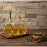 Özbience Oval Cam Yağdanlık ve Sosluk Seti, Ahşap Stantlı, Gold Kapaklı, 500ML - Seçenek 1